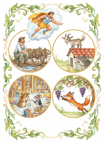 Fables: Hercules and the Wagoner, The Kid and the Wolf, The Town Mouse and the Country Mouse, The Fox and the Grapes cover